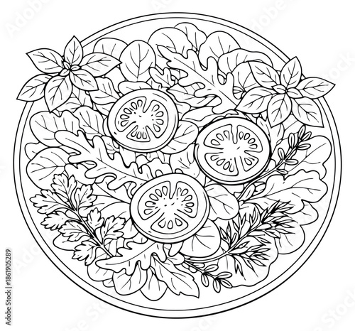 Hand drawn line art illustration of a fresh salad in a bowl depicting lettuce, tomato, and herbs for healthy eating