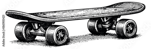 Hand drawn line art illustration of a skateboard depicting urban recreation for lifestyle designs