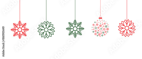 Row of hanging red and green Christmas ornaments with minimalist snowflake and bauble designs.