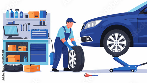 Automotive Mechanic Vector Illustration Car Tire Change and Workshop Service
