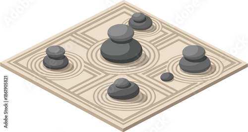 Isometric view of a zen rock garden with raked sand patterns and five stacked stone groupings