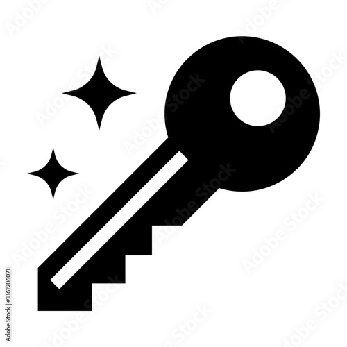 Glyph style icon of a key with sparkle representing secure access and authorization.