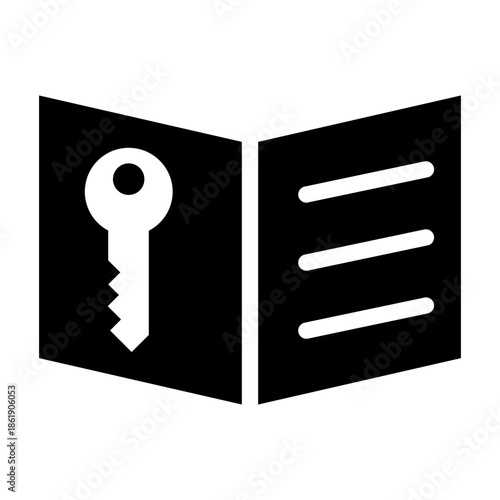 Glyph style icon of a book with key representing security documentation.