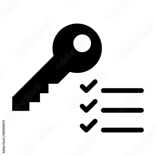 Glyph style icon of a key with checklist representing verified access.
