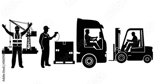 Logistics and Transportation Silhouette Set Featuring Forklift Operator, Truck Driver, Warehouse Worker, and Construction Crane