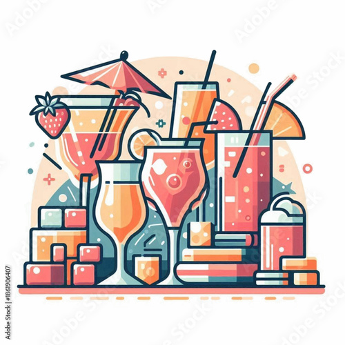 A stylized illustration of colorful fruity cocktails with umbrellas and straws arranged with blocks and lines