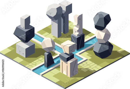 Isometric view of abstract rock sculptures near a narrow blue waterway