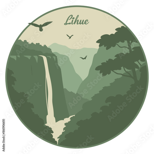 Lihue Hawaii Vintage Waterfall Nature Badge Illustration