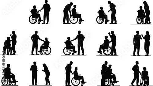 Caregiver,helping,person,in,wheelchair,silhouettes,disability,support,assistance,healthcare,rehabilitation,patient,care,medical,help,companionship,nurse,doctor,family,set