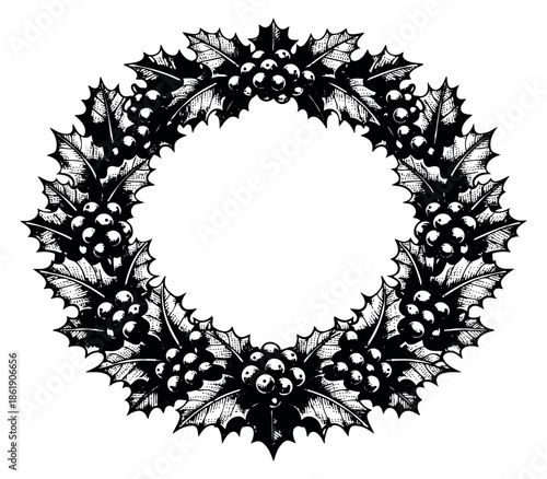Woodcut style illustration of a holly wreath depicting traditional christmas decor for holiday season