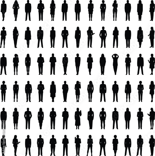 Business silhouettes grid, 100 black figures, corporate diversity, professional attire, office team vector, HR concept, demographic illustration