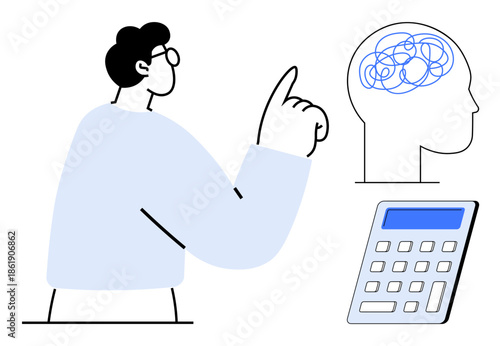 Problem solving, cognitive thinking, decision making, mental processes, logic, education. Human figure pointing at a head with tangled lines beside a calculator. Problem solving and cognitive