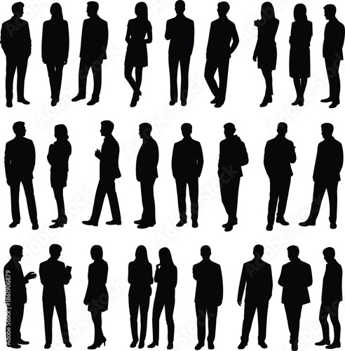 Business people standing silhouettes collection professional men and women formal poses corporate teamwork leadership isolated white background