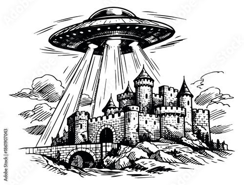 Hand drawn line art illustration of a flying saucer and a medieval castle depicting an alien encounter for fantasy and science fiction narratives