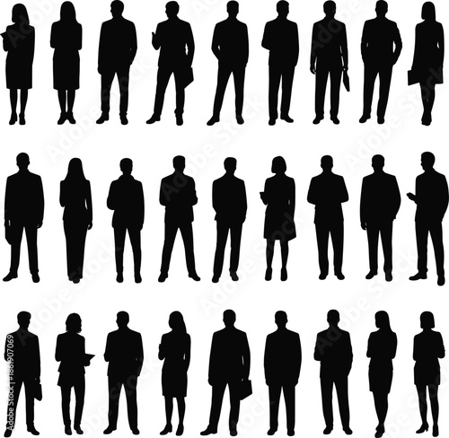 Business people silhouettes, corporate team illustration, professional office workers, leadership staff icons, company workforce figures, modern executive group graphic