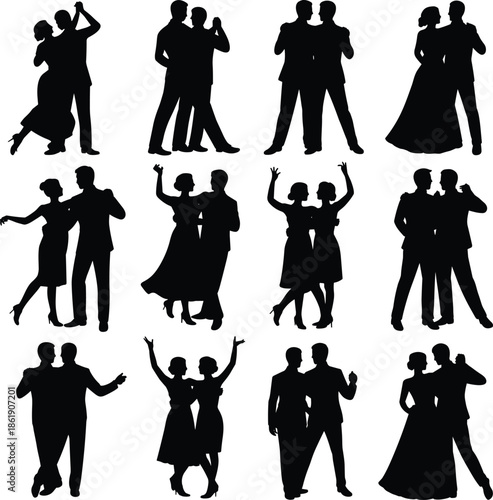 Elegant, dancing, couple, silhouette, collection, romantic, ballroom, dance, pose, set, wedding, party, night, love, figure, black, white, vector, illustration, design