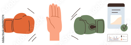 Boxing gloves opposing raised hand symbolizing halting conflict, document with chart and checkmark representing resolution steps. Ideal for conflict management, negotiation, teamwork