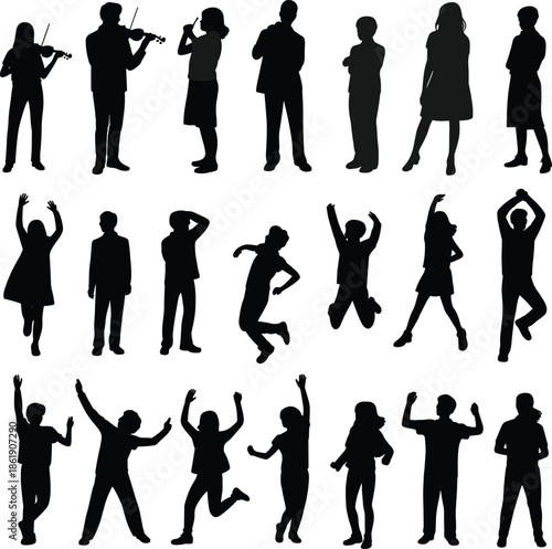 People silhouettes set showing musicians dancers and joyful poses adults and children lifestyle celebration activity isolated white background vector illustration