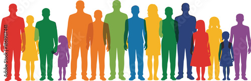 Diverse family silhouettes, multicolored people group illustration, inclusive community characters, human society figures, population unity concept graphic, modern social diversity artwork