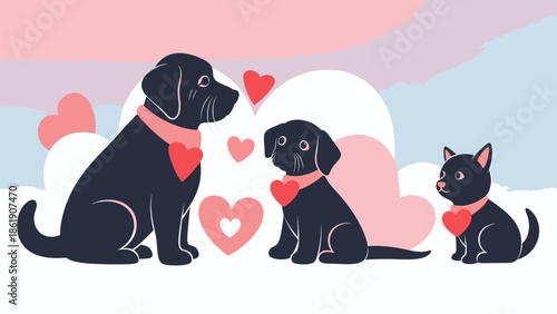 Adorable Senior Pet Valentine's Day illustration with loving hearts and family