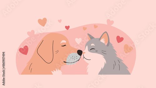 Senior Pet Valentine Illustration A Dog and Cat Sharing a Tender Moment