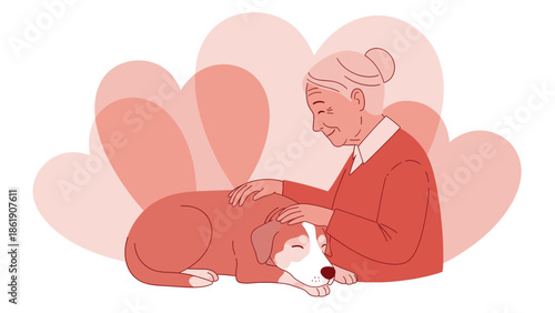 Heartwarming illustration of a senior woman's loving bond with her loyal pet, perfect for a tender valentine celebration