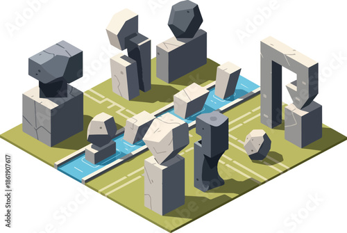 Isometric view of stylized ancient stone monuments and a narrow water channel