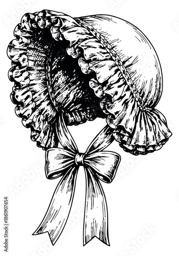 Hand drawn line art illustration of a baby bonnet depicting ruffled trim and a tied bow for a vintage design