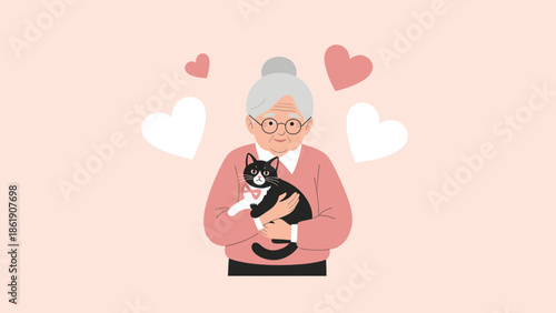 Happy Senior Woman Holding a Cat, Celebrating Valentine's Day with Love and Affection