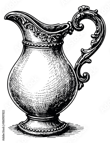 Vintage hand drawn line art illustration of an ornate pitcher depicting an antique design for historical themes