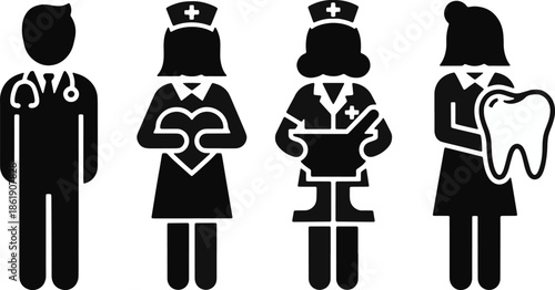 Medical staff professional icons set with doctor, nurse, pharmacist, and dentist silhouettes