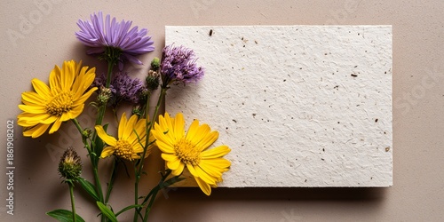 A blank, eco-friendly seeded paper card mockup (with visible seeds), next to a few stems of bright yellow feverfew and purple aster