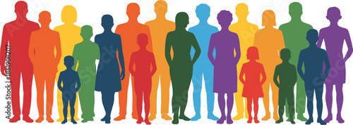 Diverse people silhouettes, multicolor family group illustration, community crowd figures, inclusive human characters, population concept graphic, social unity design, teamwork society artwork