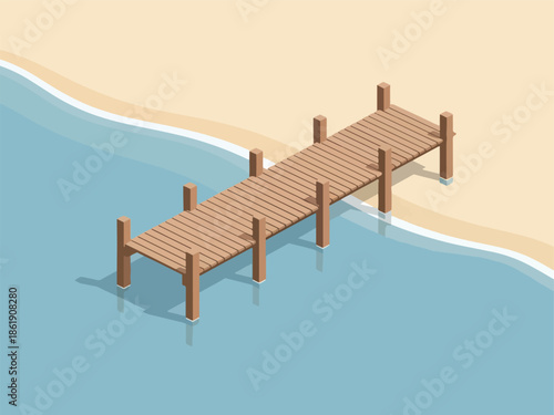 Isometric wooden pier extending into calm blue water from a tan beach
