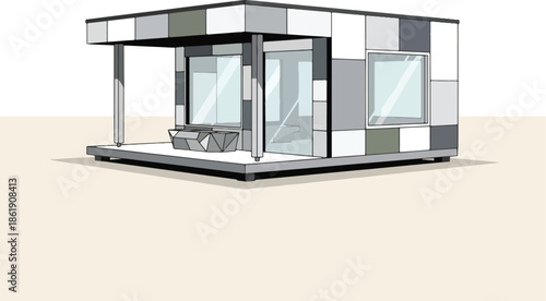 Modern modular structure with covered porch large windows and geometric planter