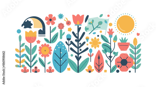 Vector illustration of a spring season element in a flat design style, featuring vibrant and pastel colors, with bold lines and simple shapes, set against a clean