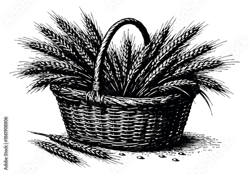 Hand drawn line art illustration of a basket filled with wheat depicting a bountiful harvest for agriculture and food concepts