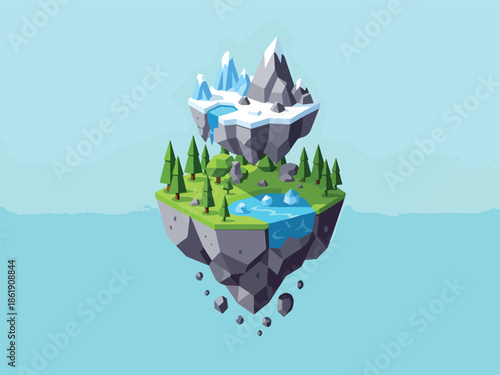 Two floating landmasses one icy mountain peak one lush forest area against a light blue sky