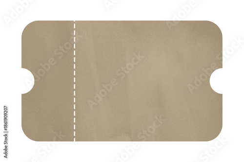 Blank Brown Vintage Ticket Template Mockup with Notches Isolated on White Background With Clipping Path. Retro Paper Voucher, Event Coupon or Admission Pass for Cinema, Concert, Theatre.