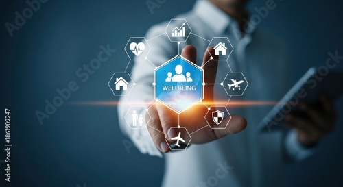 Hand touching digital wellbeing hub with connected life service icons.