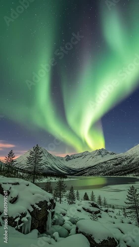 Wallpaper Mural Spectacular Aurora Borealis Dancing Over Snow Covered Mountains and Frozen Lake. Torontodigital.ca