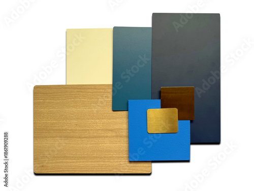 composition of interior mood materials board contains oak wood veneer, blue painted wood, blue laminateds, off white laminated, gold and copper stainless isolated on background with clipping path.