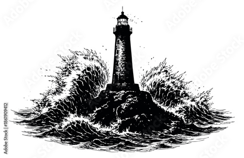 Hand drawn line art illustration of a lighthouse depicting powerful waves crashing against its base for maritime and navigation concepts