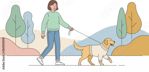 Young woman walking her golden retriever in a park at sunset flat vector illustration