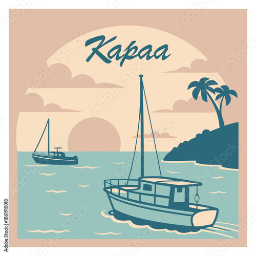 Kapaa Hawaii Sunset Boat Scene Illustration