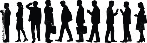 Business people standing in line silhouettes, men and women waiting, professional queue concept, corporate lifestyle, isolated black figures