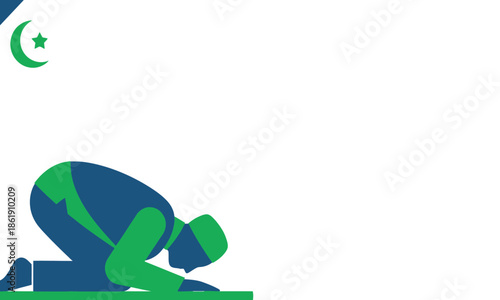 A flat illustration of a Muslim man performing prostration (sujud) on a green prayer mat. The background features a night theme with a crescent moon and stars, and a hand reaching down with a water dr
