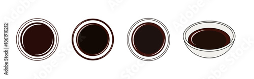 Four small bowls filled with dark brown liquid, possibly soy sauce or balsamic vinegar, arranged in a row on a white background.