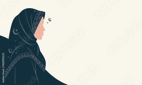 A minimalist and modern illustration of a Muslim woman wearing a blue hijab, looking towards the side. The artwork uses a clean flat-lay style with circular background elements and subtle crescent moo
