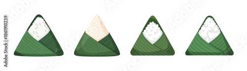 Four triangular rice balls wrapped in green leaves, presented in a row, showcasing a delicious and traditional culinary experience